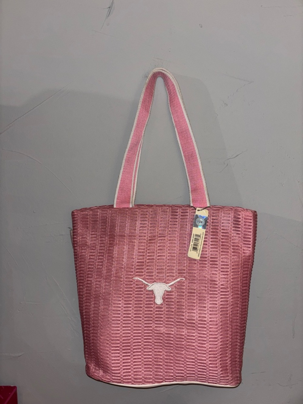 Texas Long Horns Pink Woven Tote Bag with Long Handles